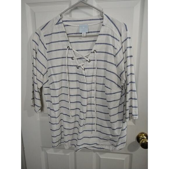 Sunday Woman 1X Blouse Pullover V Lace Neckline Blue White Striped Linen Blend - Picture 1 of 11